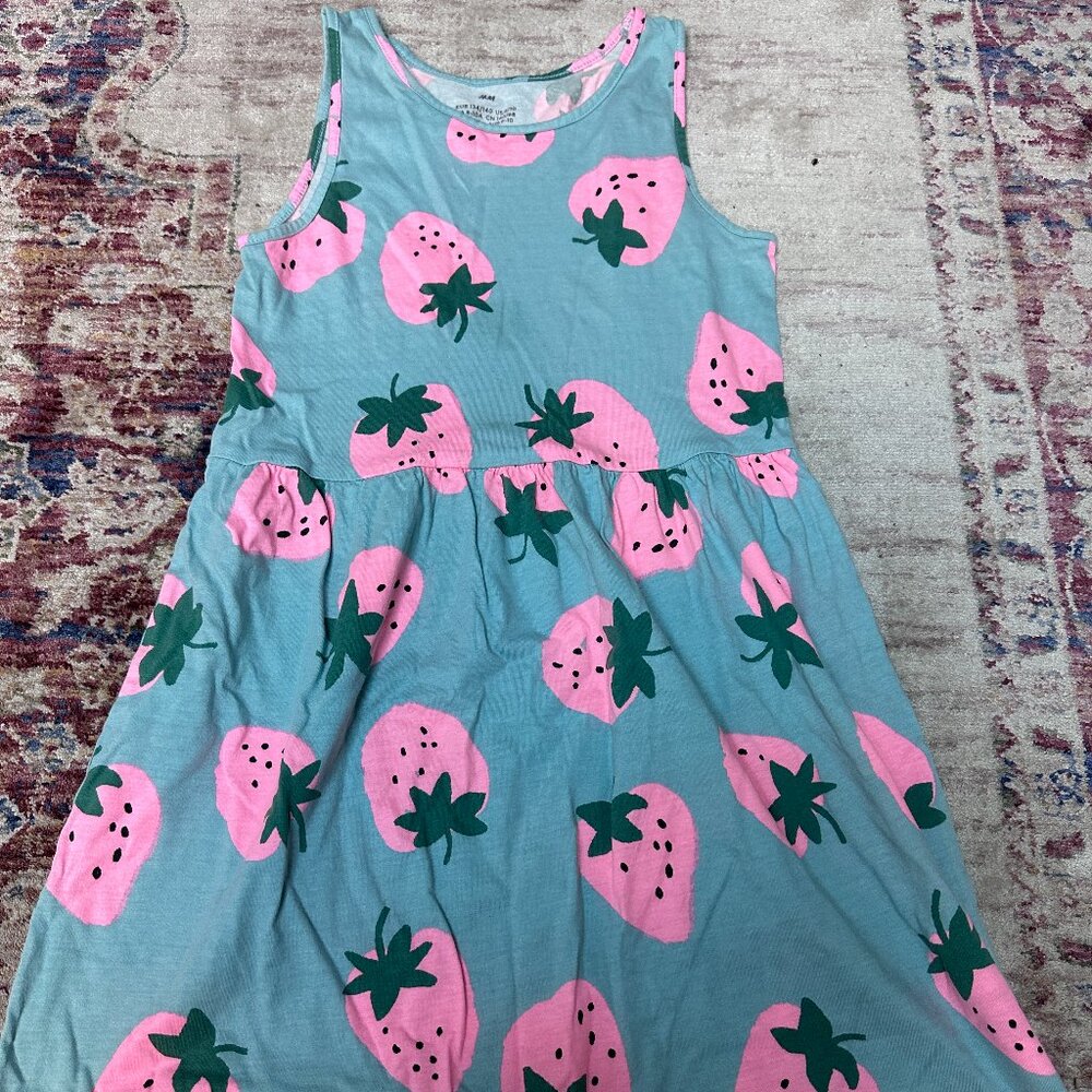 H&M Kids Girls Beautiful light blue with strawberries Sleeveless dress Size-8-10